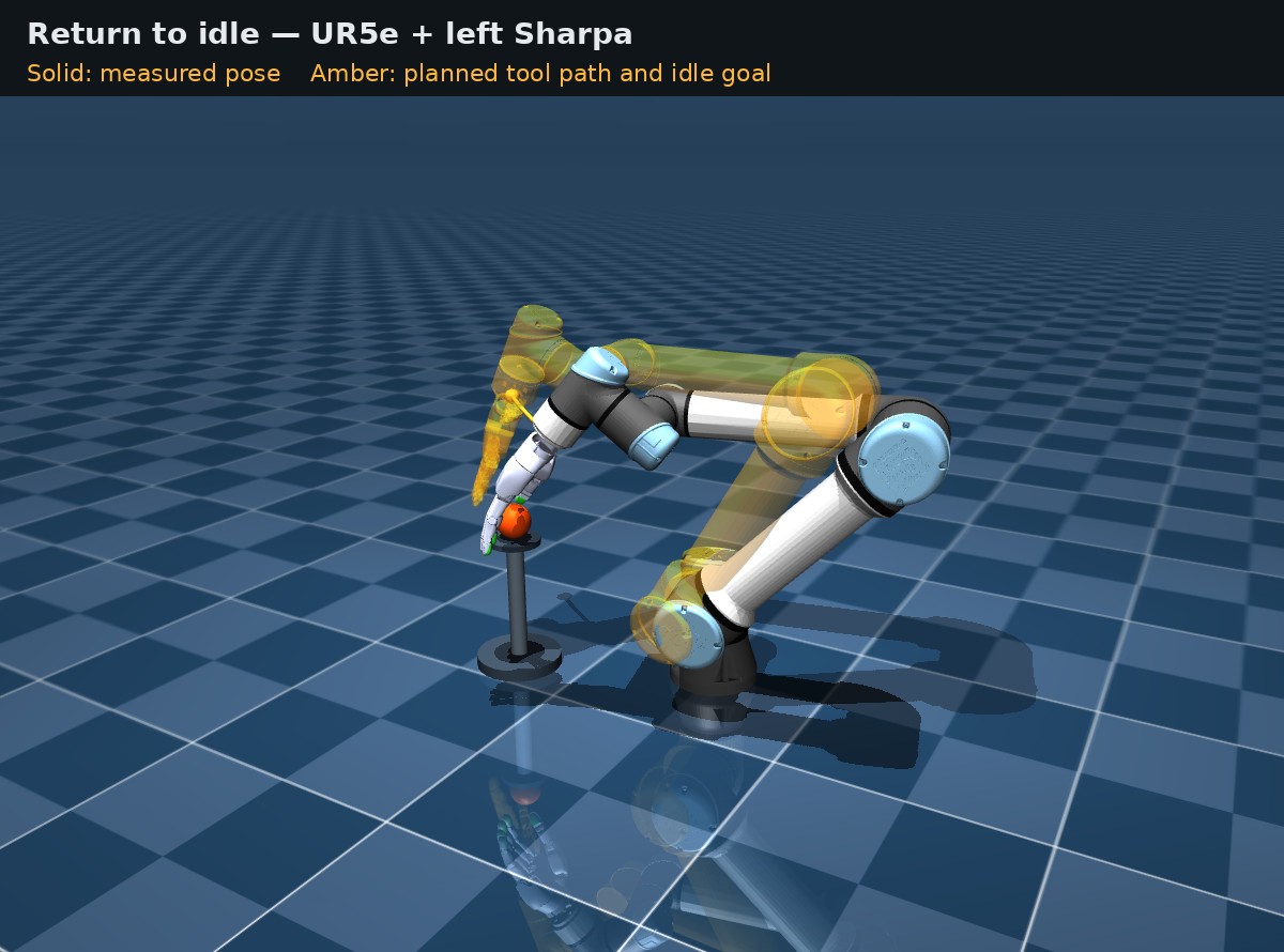 Return to idle: measured robot, amber planned tool path, and transparent idle goal