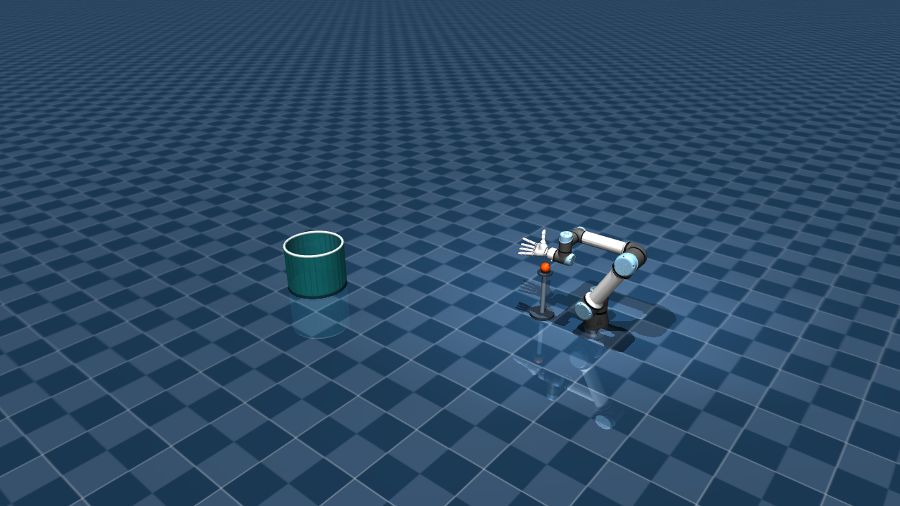 MuJoCo screenshot of the UR5e and right Wuji hand at the idle pose, an orange ball on a stand below the palm, and a teal basket ahead